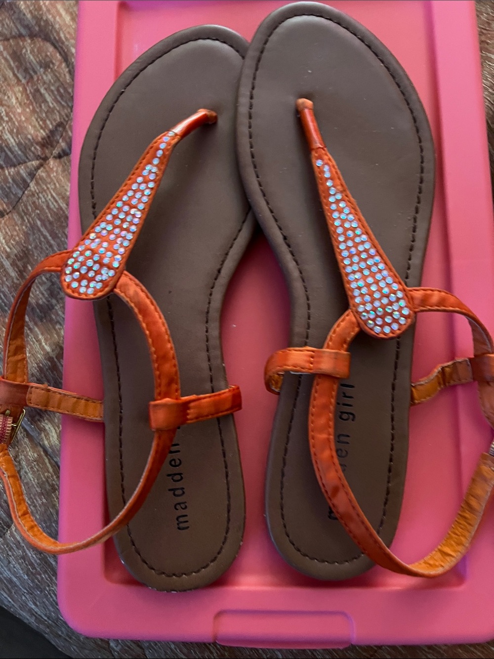 Madden Girl Orange Rhinestone T-Strap Sandals